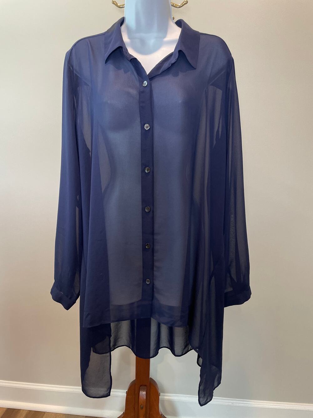 Susan Graver Sheer Button‑Up Top Size 16 Navy